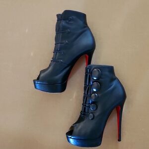 Christian Louboutin Black Leather Alta Bouton open toe Booties EU 38 1/2